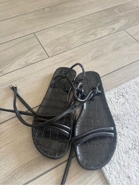 SCHUTZ Black Croc-Embossed Strappy Lace-Up Sandals